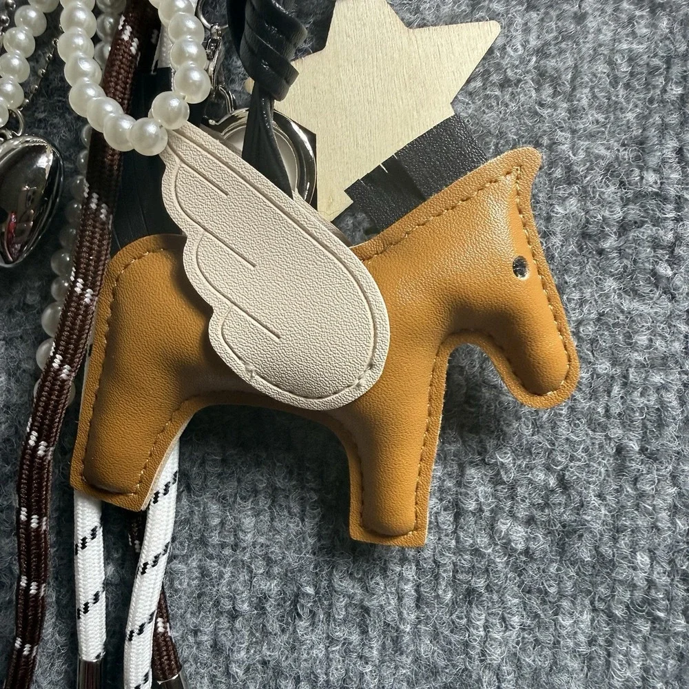 Designer Inspired Pegasus Horse Bag Charm Keychain Faux Pearl Bow Star Tassel